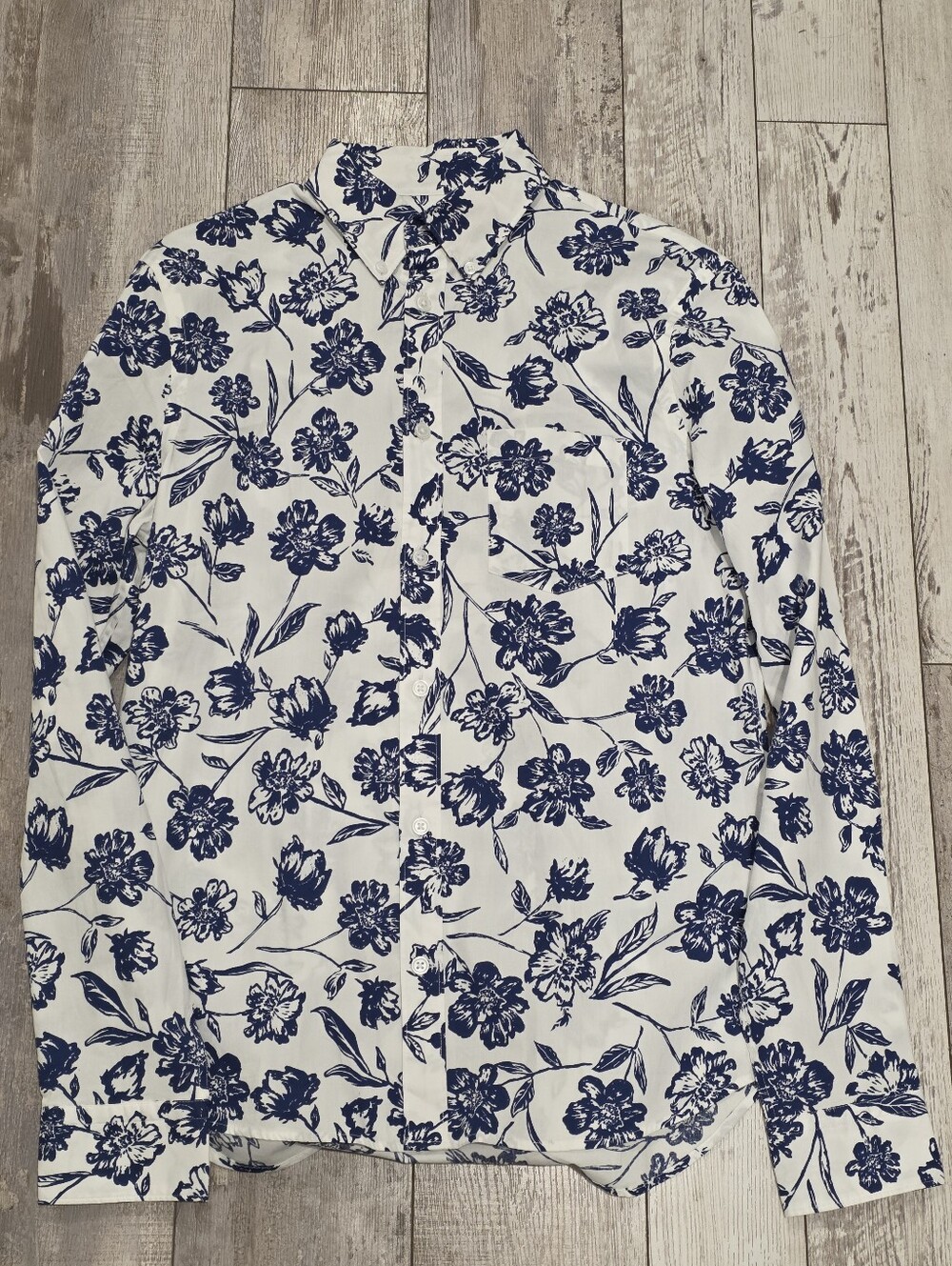 XS Men's Express Button-Down Floral Collared Cotton Shirt Blue White Extra Small